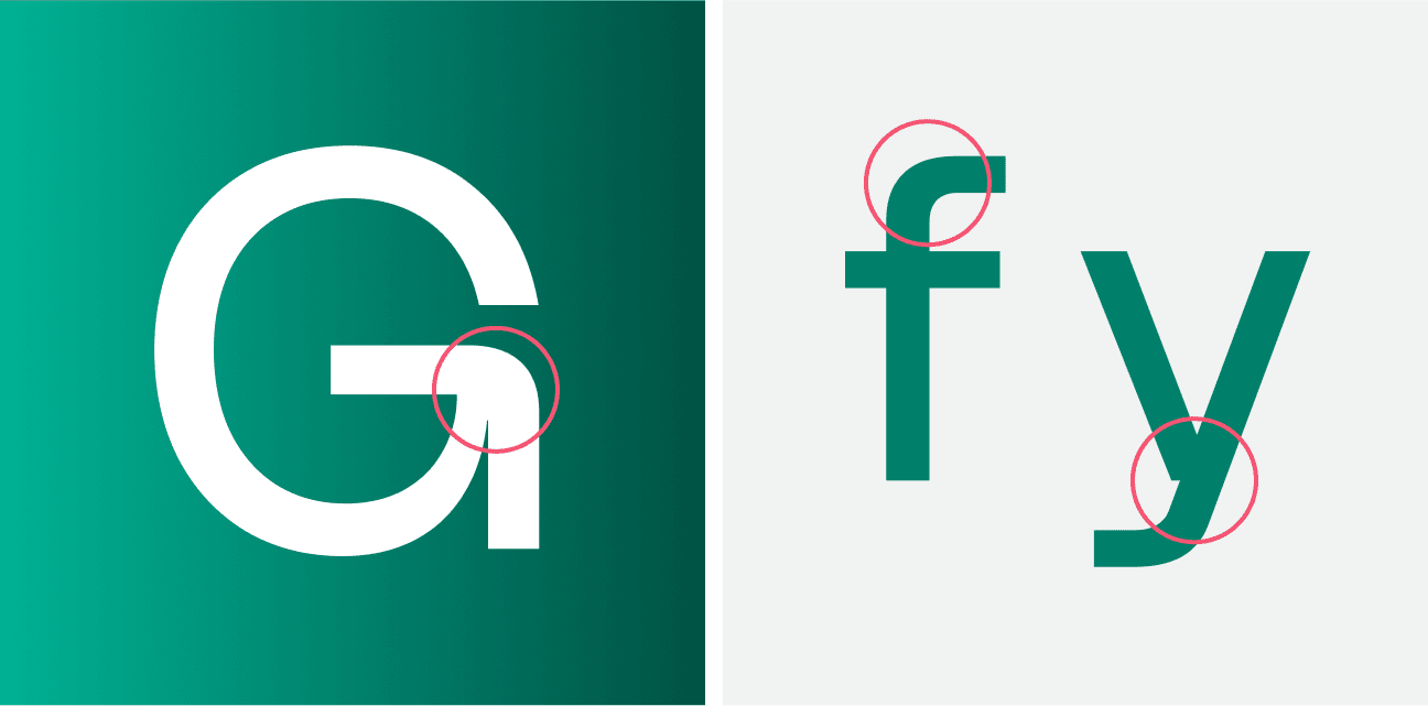 2 visuals showcasing PP Mori font characters and their differentiating details